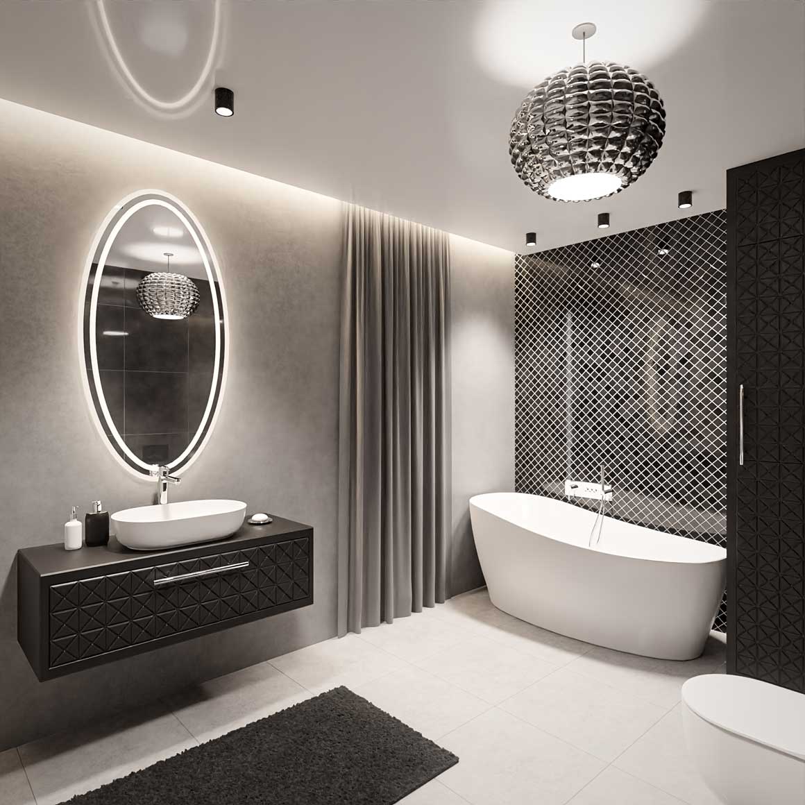 Ein modernes Badezimmer mit einem ovalen LED-beleuchteten Spiegel, einer schwarzen schwebenden Waschtischkonsole, einer freistehenden Badewanne und eleganten schwarz-weißen Fliesen für einen luxuriösen Look.
